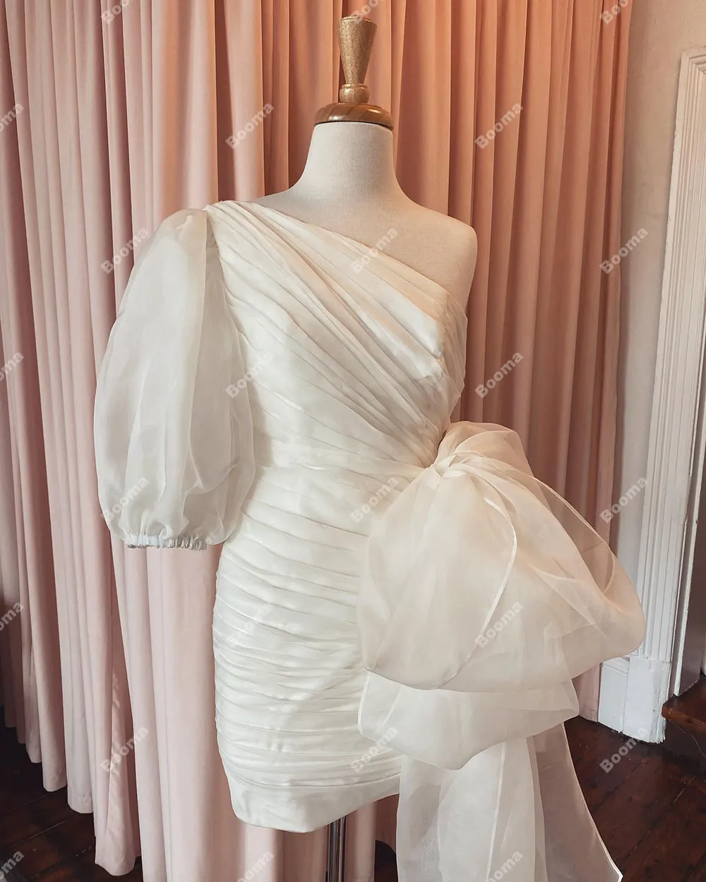 Booma Short Mermaid Wedding Dress One Shoulder Pleat Lace Up Back Organza Mini Gown from Dhgate Bridal Gloves - price 94.61 Booma Short Mermaid Wedding Dress One Shoulder Pleat Lace Up Back Organza Mini Gown from Dhgate Bridal Gloves - price 94.61