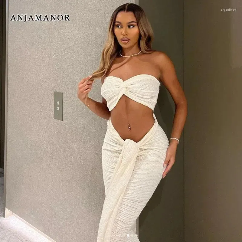 Robes de travail Anjamanor Top tube en dentelle sexy et jupe longue 2pcs Femmes Matching Sets White Beach Party Robe Sesting Vacation Tenues de vacances