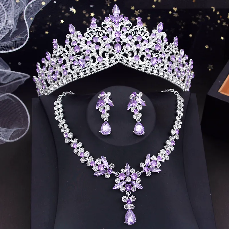 Purple Crystal Tiara & Jewelry Set For Wedding, Sweet 16, Formal Affairs & More Purple Crystal Bridal Jewelry Sets Women Tiaras Bride  main image 4