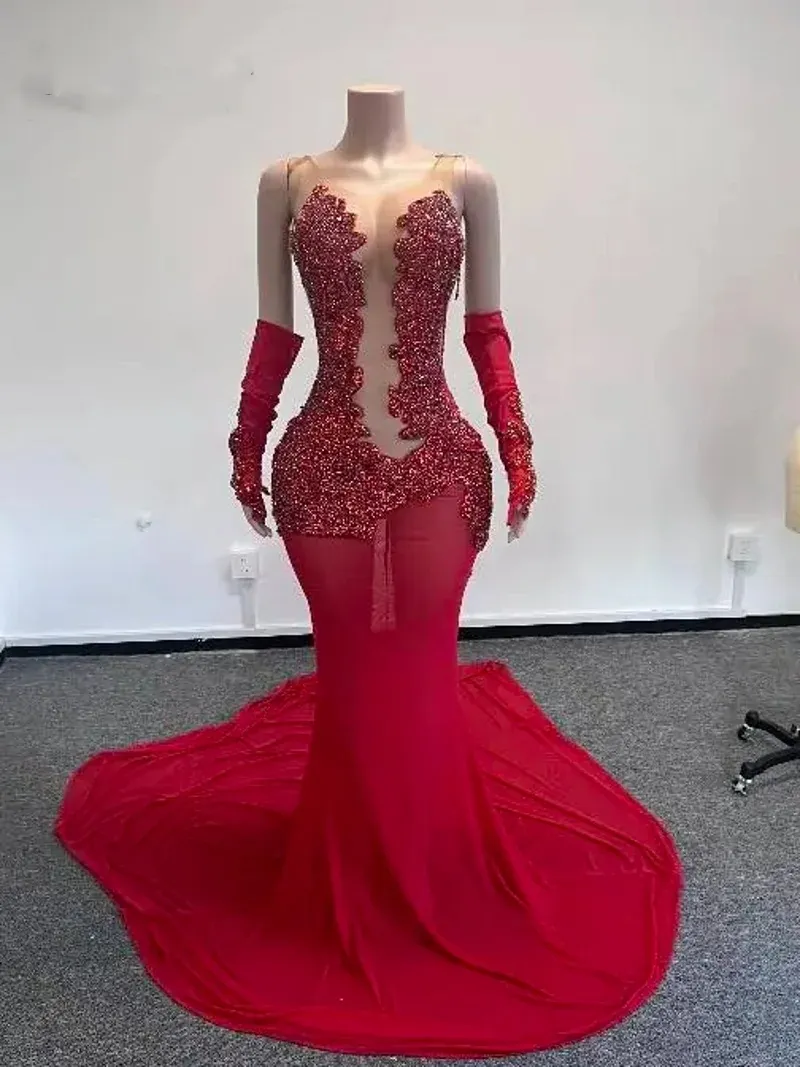 Red Diamand Prom Dresses With Goes Sheer Neck Crystal Mermaid Party Gowns Long Birthday Outfits Vestidos De Gala