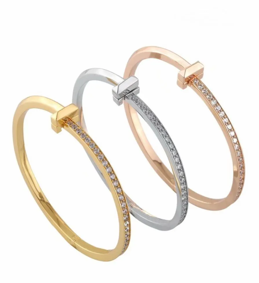 Europe America New Style Lady Women Titanium steel Engraved Setting Single Row Diamond Bangle Bracelet 3 Color1613257