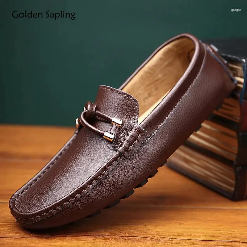 Casual Shoes Golden Sapling Wedding Men äkta läder loafers mode mäns kontorsföretag lägenheter sociala klänning mockasins