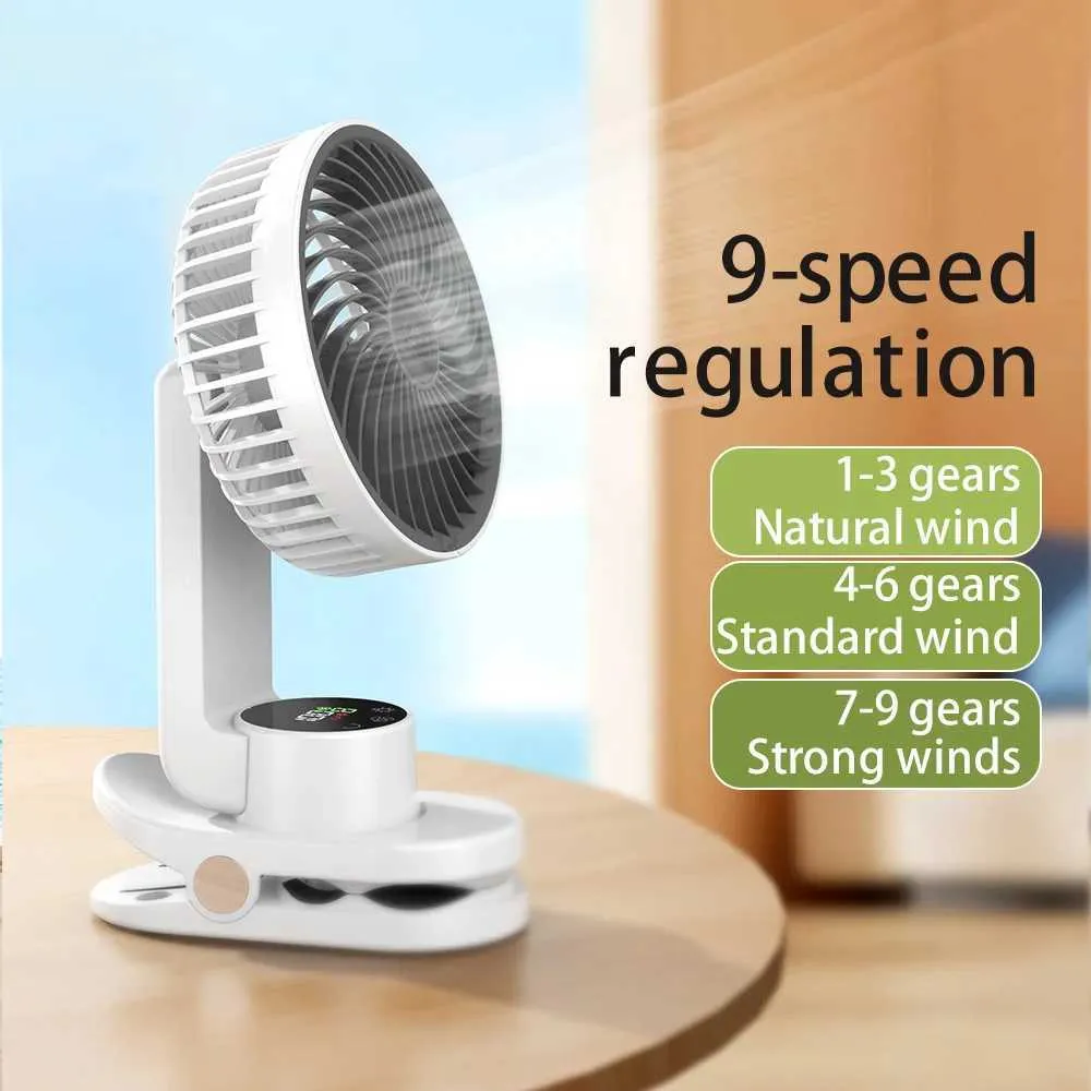 Ventiladores elétricos 5000mAh Recarregável de ventilador elétrico de mesa com energia de vento alta e baixo ruído de decibéis Usb Office Dormitório Clipe em portátil