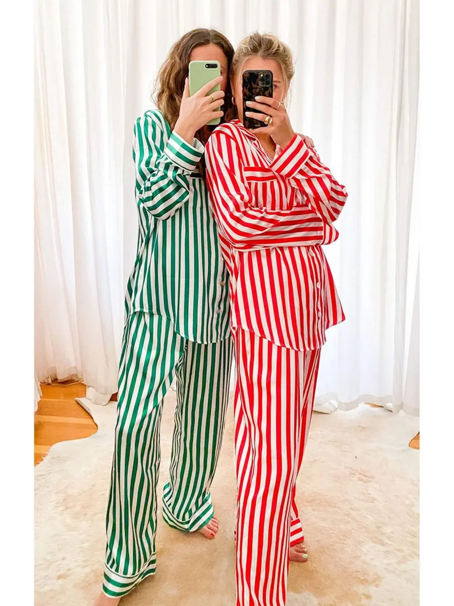 DHgate Womens Satin Christmas Pajamas Set Striped Long Sleeve Shirt and Pants Sleepwear Set Baby Kids Maternity