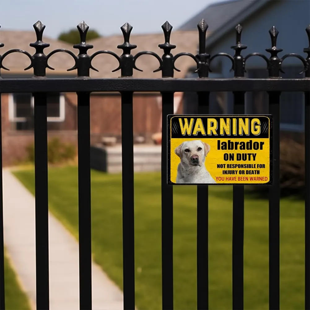 Beware Of Dog Signs For Fence, 8x12 In Vintage Metal Sign Funny Dog Warning Signs For Yard, Labrador Dog On Duty Tin