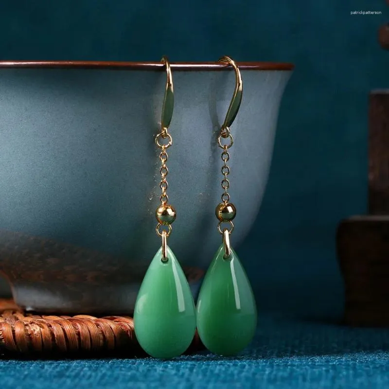 Dangle Earrings Ethnic Style S925 Silver Plated 18K Golden Bottom Yang Green Water Drop Imitation Jade Ear Hook