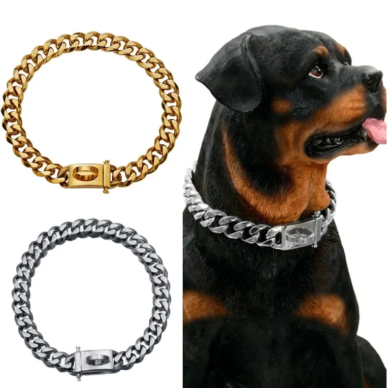 15 -миллиметровые ошейники для собак из нержавеющей стали ожерелье для домашних животных поставляют аксессуары сети средней большие собаки Gold Lt912