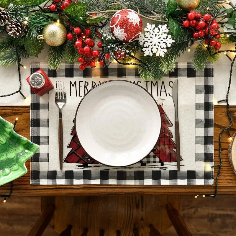 4PCS/セットクリスマスプレースマットセットサンタクロースツリー装飾テーブルウェアマットダイニングテーブルマットクリスマステーブルウェアコーヒーマットカップ