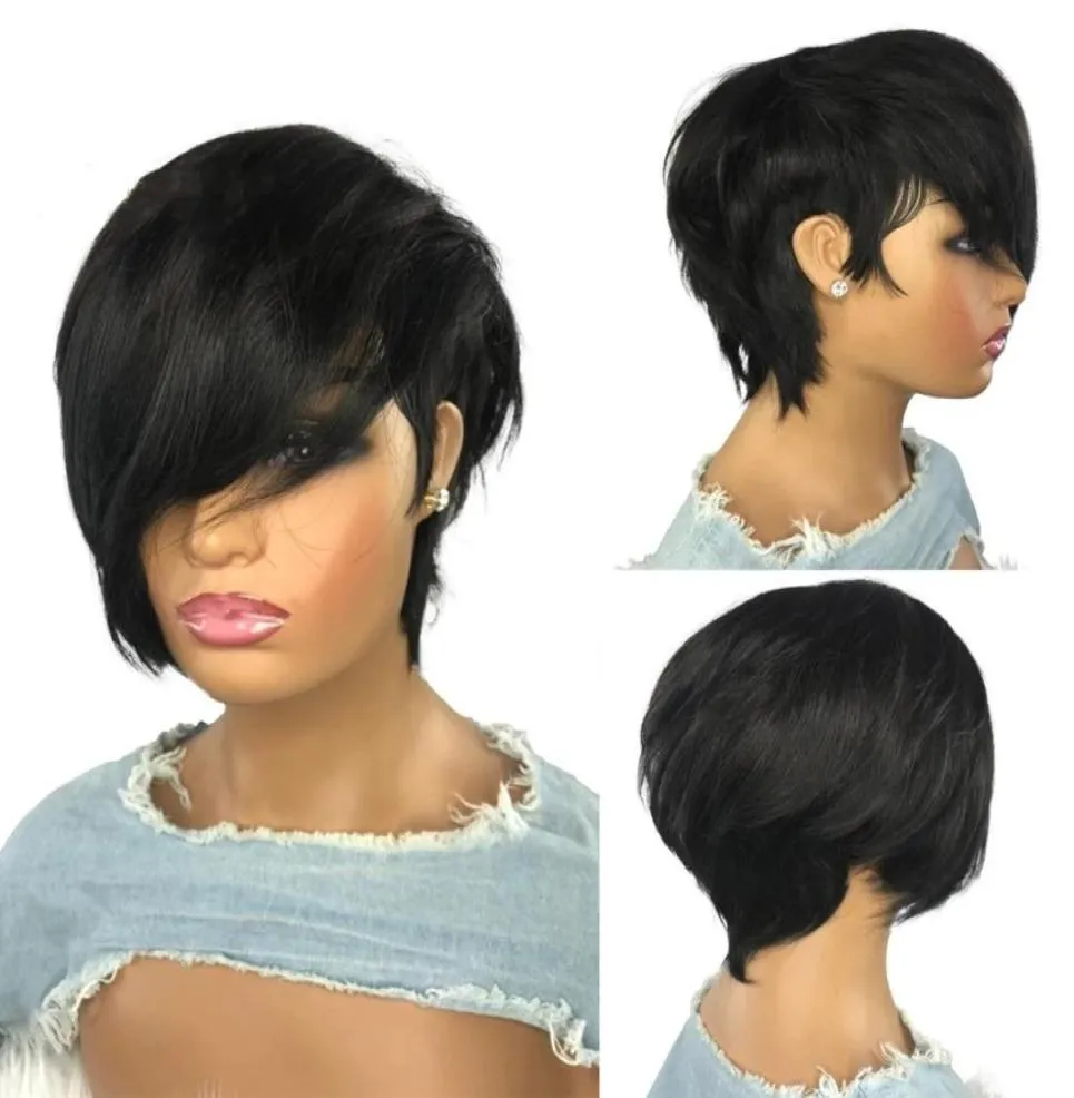 The Short Cut Wavy Bob Pixie Wig non dentelle Remy Remy Brésilien Human Hair Wigs avec une frange pour les femmes noires Full Machine Made6574067