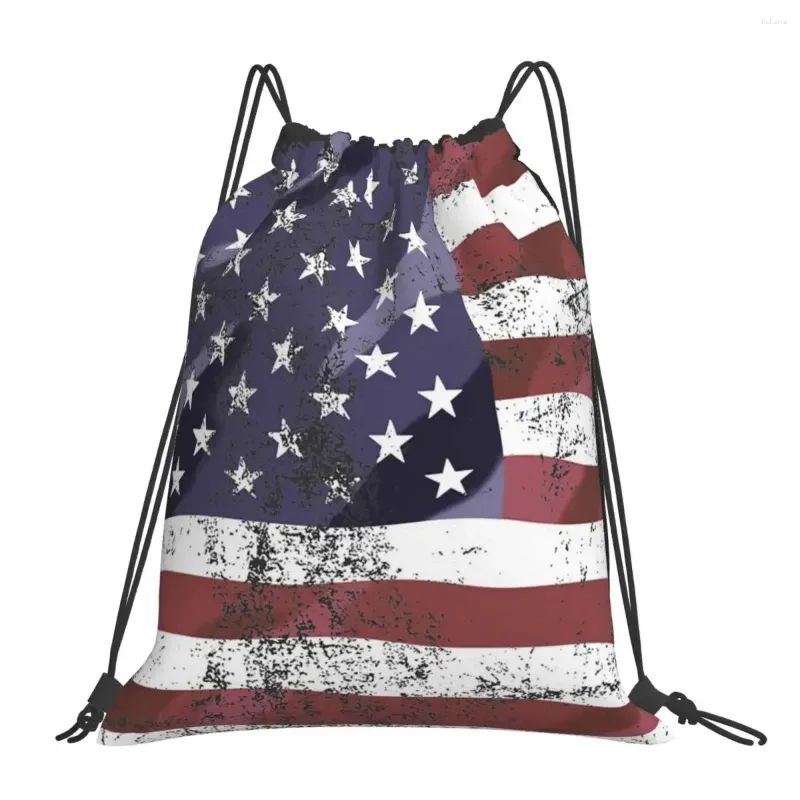 Ryggsäck vintage amerikansk flagga ryggsäckar bärbara dragkampsäckar buntpockens sportväska för man kvinna skola
