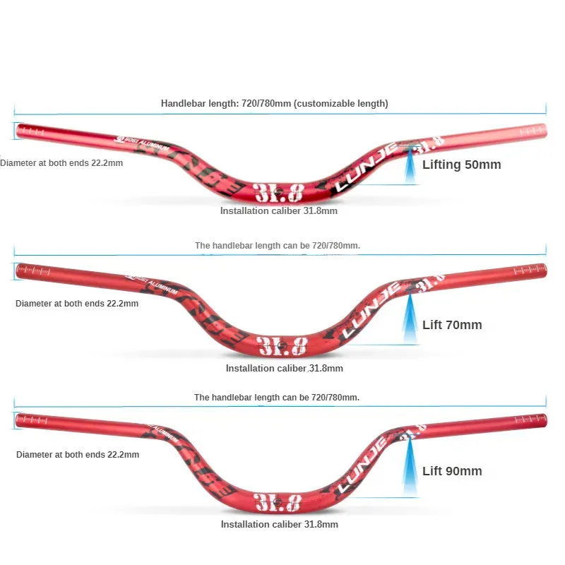PLATT Mountainbike-stuur, 25,4/31,8 mm, met verhoging, 30 mm, 55 mm, 70 mm, 90 mm, 120 mm, 160 mm, hoog stuur van aluminiumlegering voor MTB-fietsen, 31 ,8-780 mm, verhoging 90 mm