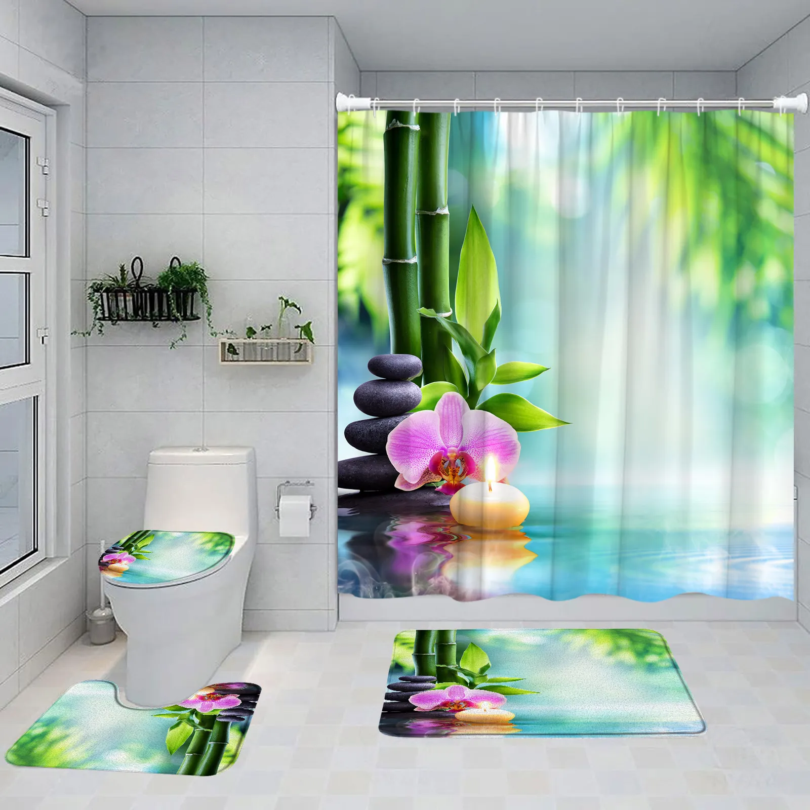 Decoración De Baño De Mariposas: Juego De Cortinas De Ducha De Orquídeas  Moradas De Bambú Verde, Decoración De Baño De Spa Natural Con Alfombrilla  De Baño, Cubierta De Inodoro De 9,5 € | DHgate, image size:1600x1600
