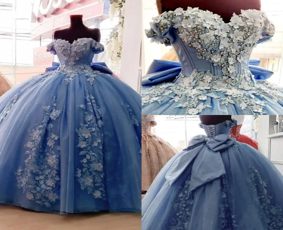 Dusty Blue 2022 Ball Gown Quinceanera Dresses spets Appliced ​​Off the Shoulder Poaded Prom Gowns Sweep Train Tulle Sweet 15 Masquer5623084
