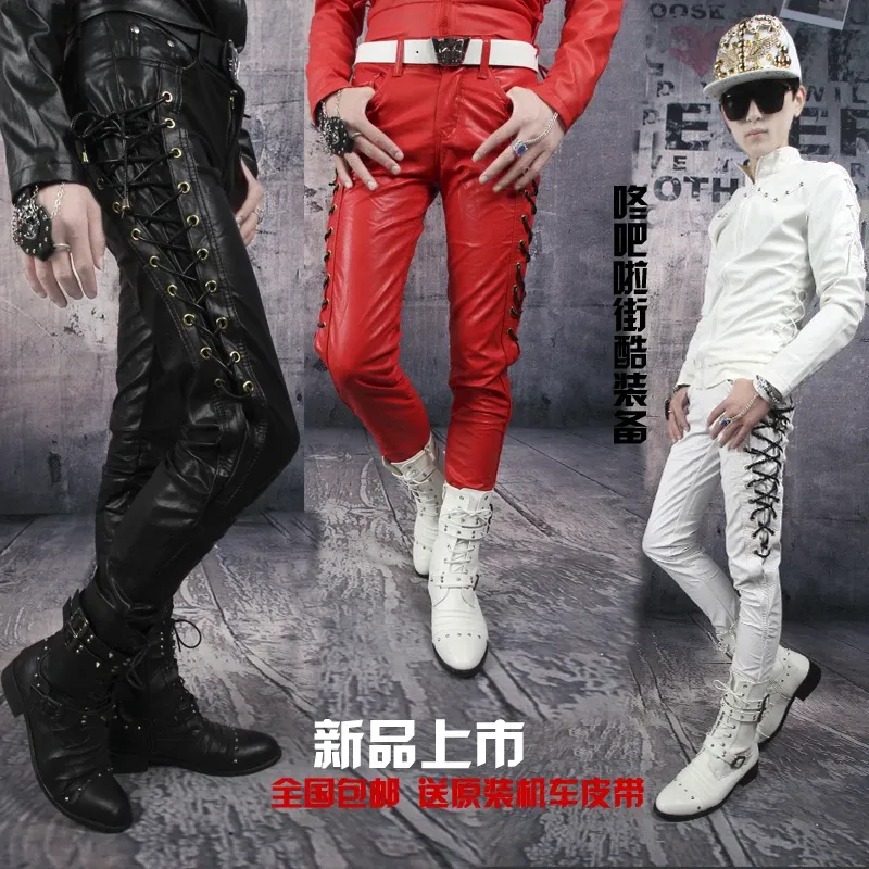 Pants 2746 2022 Male New Slim Red and White Motorcycle Leather Pants Nonmainstream Men's Clothing Ds Singer Costumes Trousers