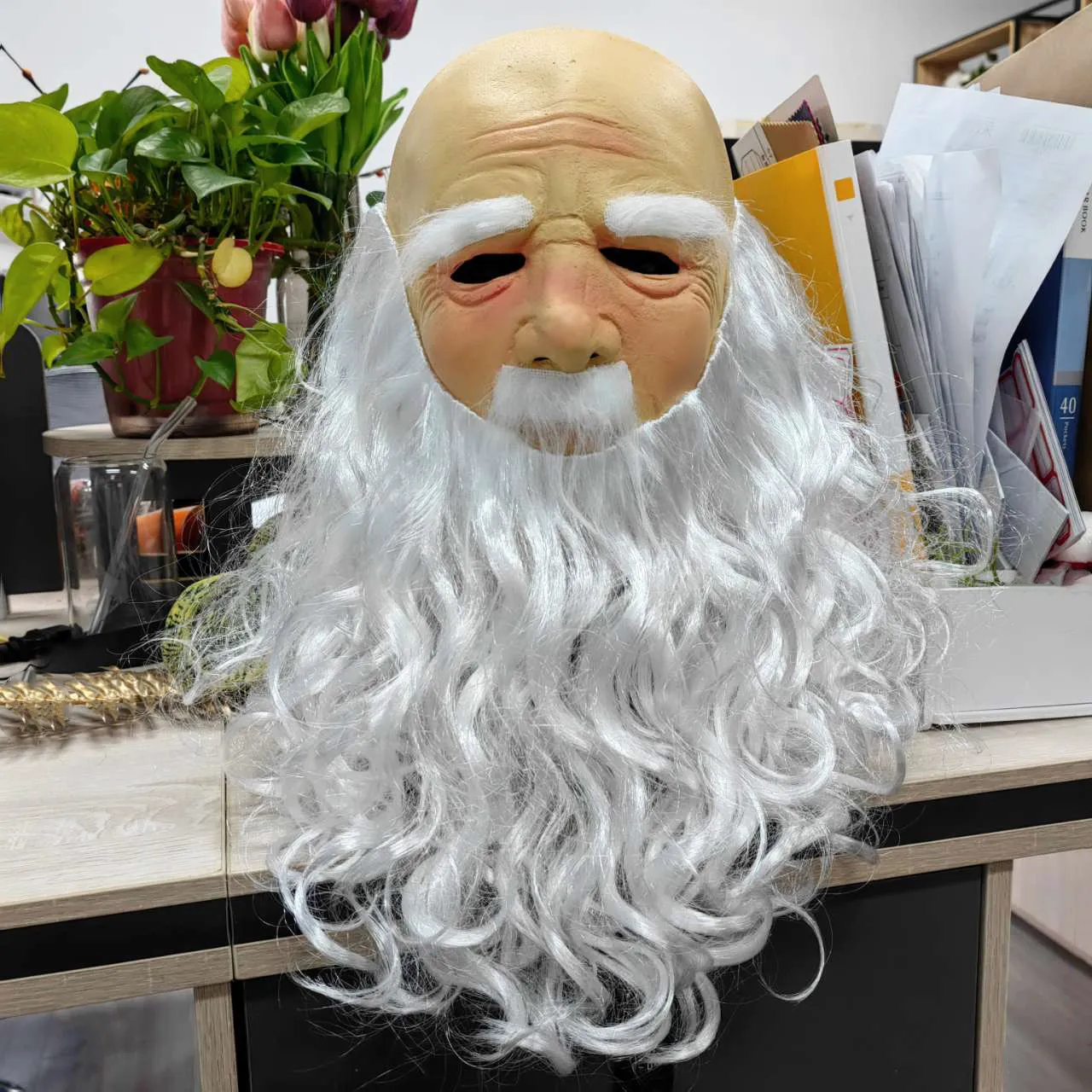 Grappige kerstman Masker Cosplay Wig Big Beard Christmas Old Grootvader Latex Helmet Halloween Nieuwjaar Party Costume Props