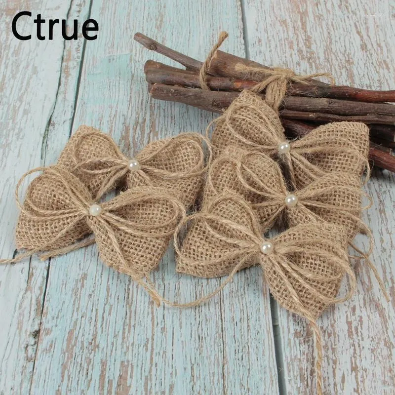 Party Decoration 10pcs/lot Jute Burlap Hessian Bow With Artificial Bead Vintage Wedding Handmade Craft DIY Christmas