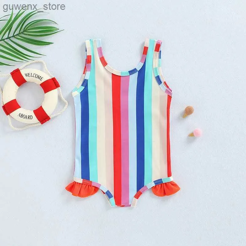 One-Pieces 1-6T Kids Girls Rainbow Striped Swimsuit Swim Jumpsuit Sleeveless Round Neck Striped Print Ruffle Summer Beach Swimwear Y240412