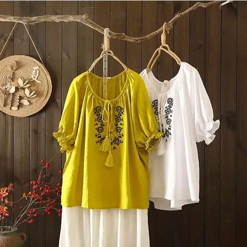 Boho Floral Prairie Peasant Blue Women Pullover Ethnic Bohemian White Gypsy Overized Shirts Tops With Tassels 240412
