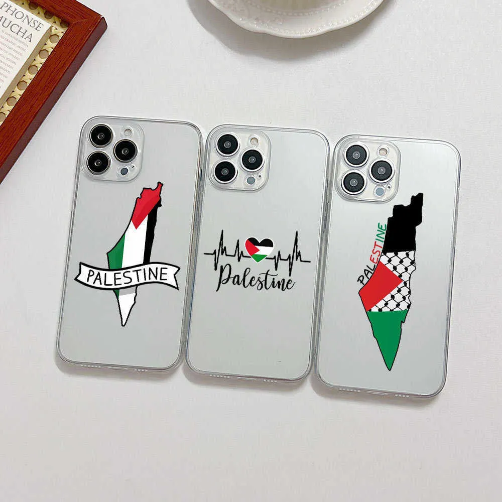 Cas de téléphones portables Case arrière transparente mate pour iPhone 15 14 13 12 11 Pro Max xr xsmax 7 8 Plus Palestine Flag Carte Passport Cover 24412