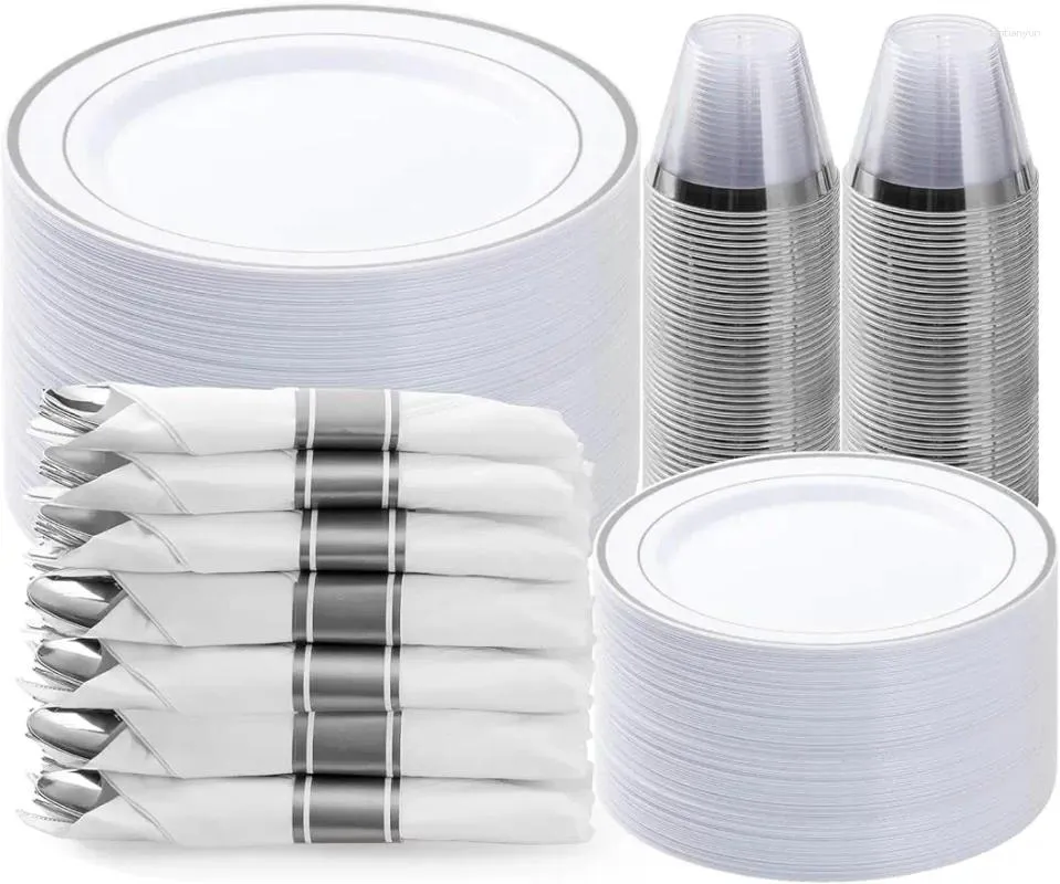 Одноразируемая посуда 350pcs Серебряные пластиковые пластиковые пластинки для 50 гостей включают в себя 100 предварительных салфеток