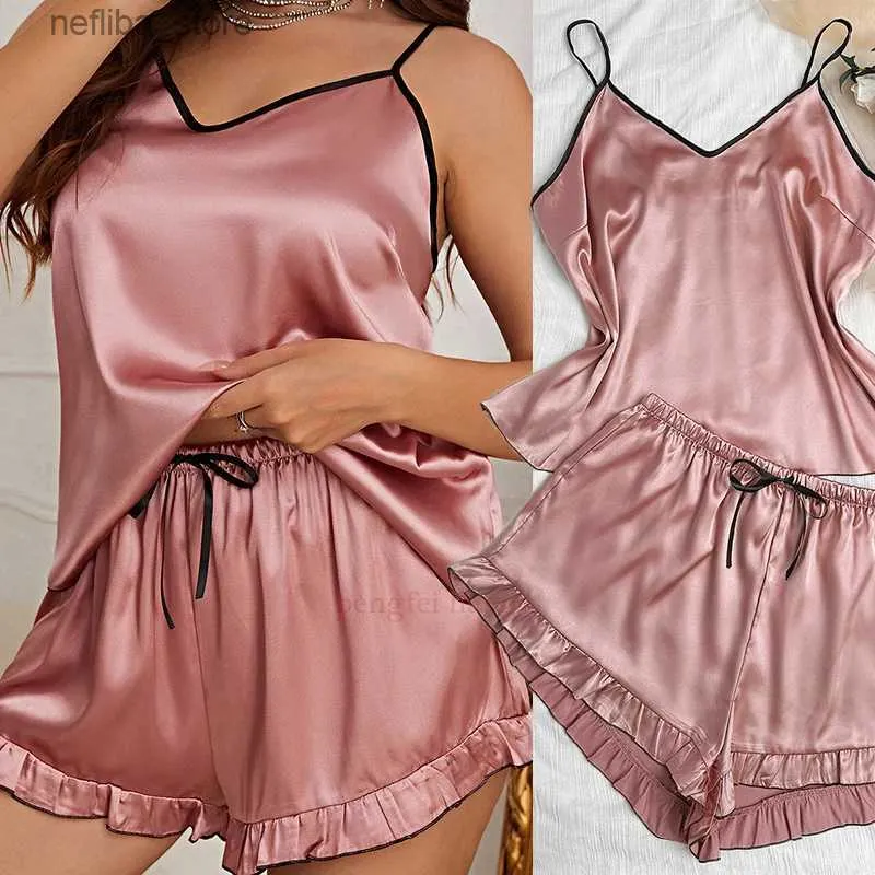 Sexig pyjamas Lady Summer Chemise Pyjamas Suit Night Outfit Big Size 4xl 5xl Y Women Satin Nightwear New Sleepwear Cami Shorts 2pcs Pyjamas L410