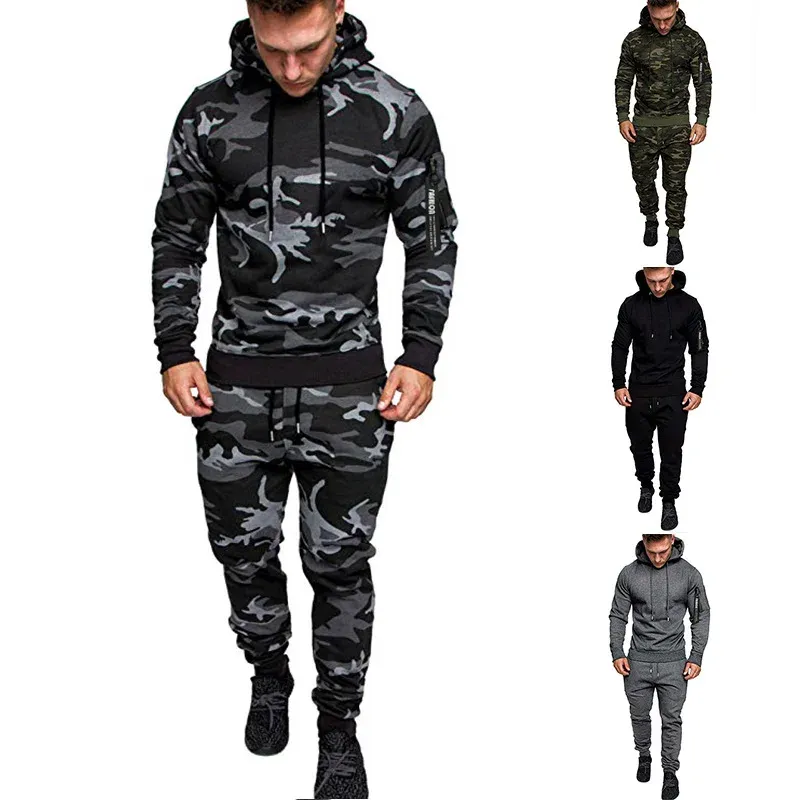 Pants Camo Men Tracksuit Hooded Outerwear Hoodie Set 2 Pieces Autumn Sporting Manlig fitness Camouflage Sweatshirts Jacket + Pants Set