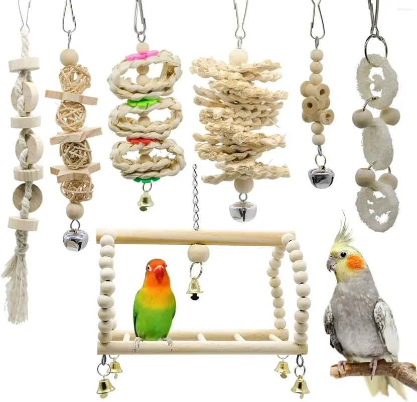 Otros suministros para pájaros 7 paquetes Parrot swing masticando juguetes de campana que colgan juguetes de jaula adecuados para pequeños periquitos cockatiels conures pinches bu