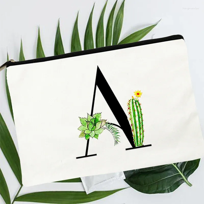 Storage Bags Tropical Plants Initials Letter Print Women Cosmetic Clutch Travel Makeup Case Beauty Toiletry Organizer Pouch Pencil