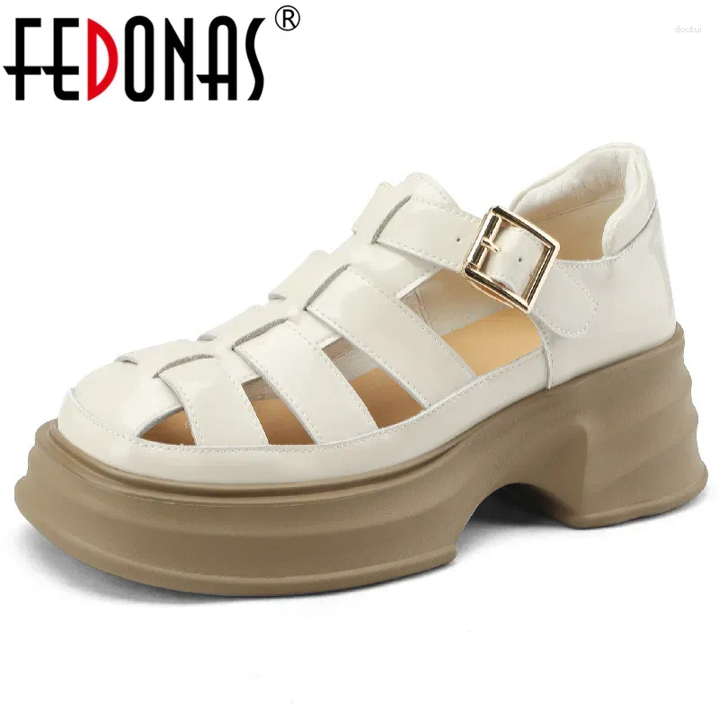 Dress Shoes Fedonas 2024 Summer Gladiator Women Sandals Platform Holle pumps Echt lederen dikke hakken Vrouw Werken casual buiten