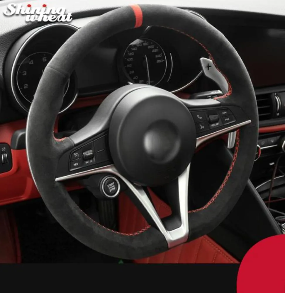 Alfa Giulia 2017 Stelvio için El Dikişli Siyah Alcantara Araç Direksiyon Kapağı 20175783265