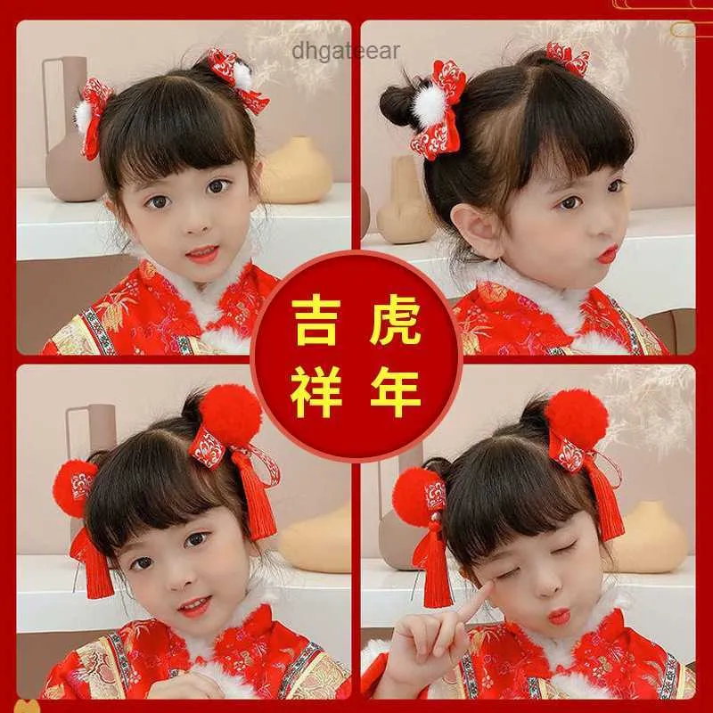 Chinese style childrens headwear Hanfu ancient style hair clip New Years red fur ball hair accessory girl baby ancient style hair clip female