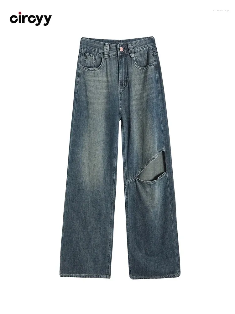 Dżinsy damskie rozerwane dla kobiet wysoko w talii 2024 Blue Loose Button Denim Spodnie Vintage Streetwear Proste szerokie spodnie