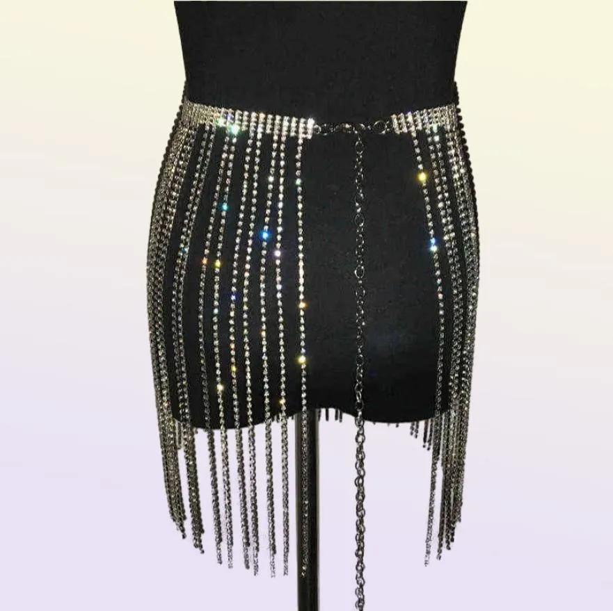 Glitter Rhine Long Tassel Saias de jóias de cristal Diamantes de cristal Fringe Ajustável Mulheres sexy Summer Beach Biquíni Mini saia T2208194552546