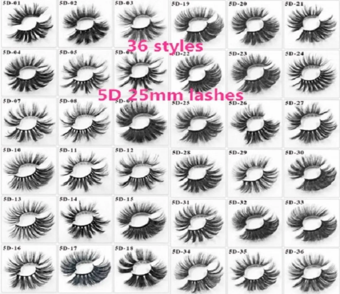 5d 25mm Mink أطول سميكة الرموش كاذبة كاذبة ممتدة الإصدار 25 ملم الرموش وهمية 36style مع حزمة غطاء صينية واضحة 9299268