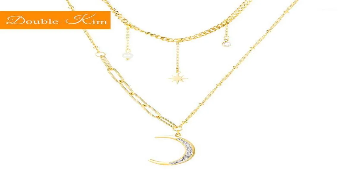 Star Moon Double Pendan Necklace Zircon Titanium rostfritt stål guldfärgkedja halsband mode trendiga kvinnor smycken gåva13293437