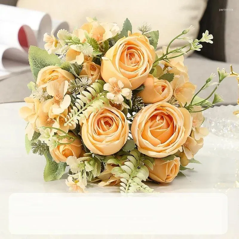 装飾的な花人工キンバリーローズヒドランジャブーケホリデー模倣シルクオレンジ色のバラの偽の花のオフィス装飾