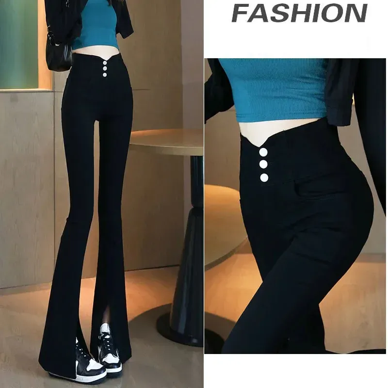 Pants Korean Style Vintage Slim Autumn Pants High Waist Casual Flare Pants Female Fahsion Sweet Button Closed Wide Leg Trousers Pants