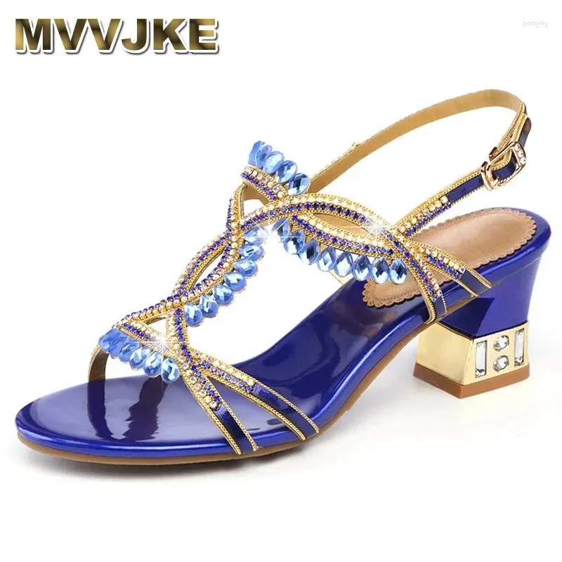 Sandaler Kvinnor Fashion Open Toe Shining Blue Rhinestone Buckle Thick High Heel Gladiator Wedding Dress Shoes D0012
