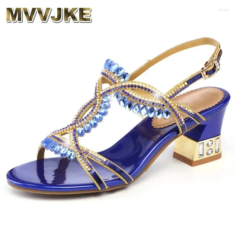 Sandalen Women Fashion Open Teen Shining Blue Rhinestone Buckle Dikke High Heel Gladiator Trouwjurk schoenen D0012