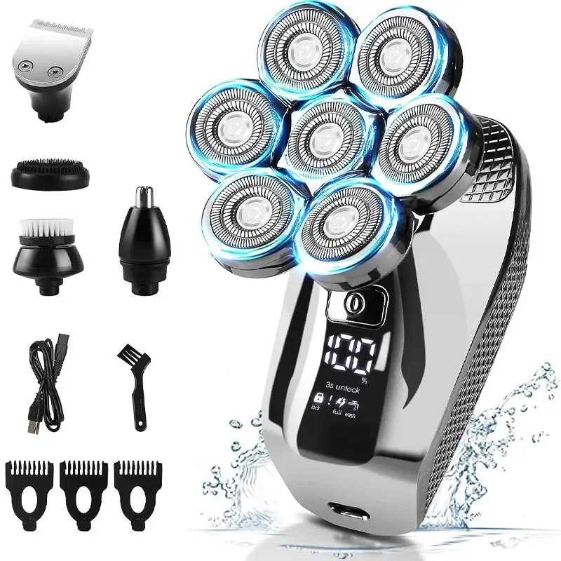 5 in1 head shavers for men 7d cordless bald head slad shaver wet dry dry waterproof learchor for men with LED عرض أدوات الاستمالة 240409