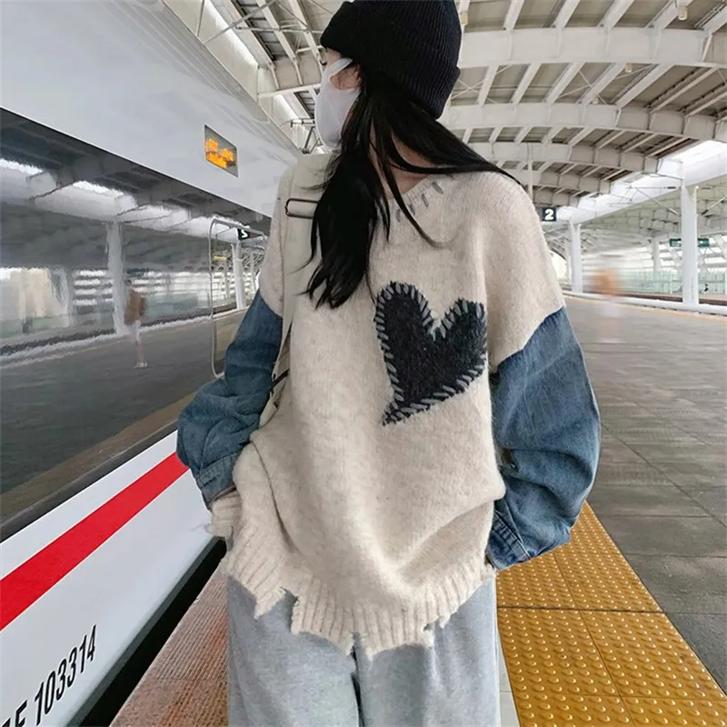 DHgate.com:Womens Vintage Patchwork Denim Knit Sweater: Relaxed  