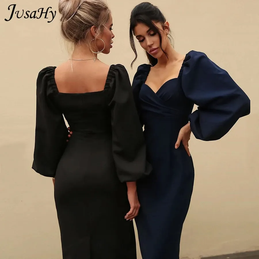 Jusahy Elegant Pure Couleur Lasern Sleeves Bodycon Robe For Women Party Clubwear MIDI Robes Mujer Streetwear décontracté 240409