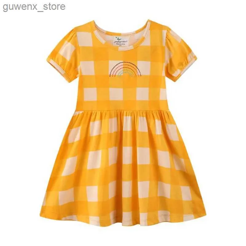 Kız Elbiseler Atlama Metre Yeni Geliş Yaz Kızlar Elbiseler Çocuk Sarı Giysiler Gökkuşuk Sevimli Bebek Kostüm Sıcak Satış Frocks Kızlar Y240412