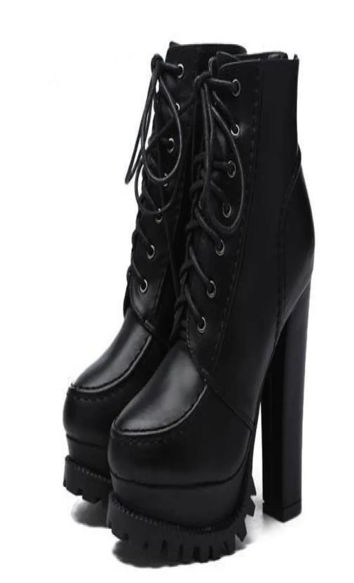 Fashion Femmes Bottes gothiques Lacet Up Ankle Boots Plateforme Punk Shoes Punk Ultra très haut Botie à talon Bloque Chunky Talon 34398641968