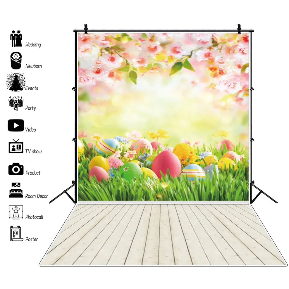 Spring Easter Backdrop Eggs Bunny Flowers Grassland Wood Floor Baby Birthday Party Kids Portrait Photography Background Decor