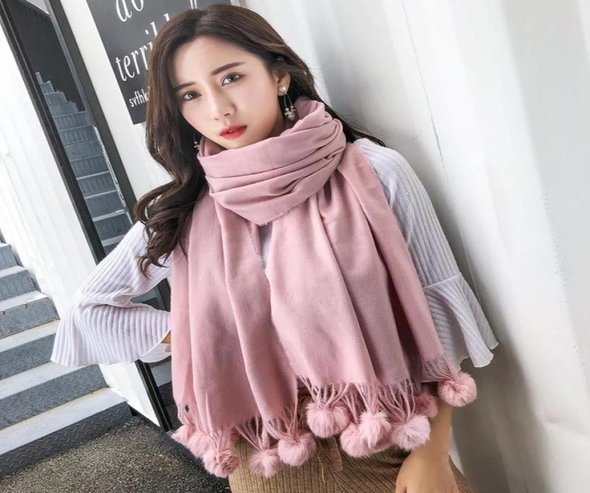 Scarves Real Fur Pompom Pink Scarf For Women Solid Color Yellow Cashmere Winter Shawl Female White Black Hijab Stole6859801