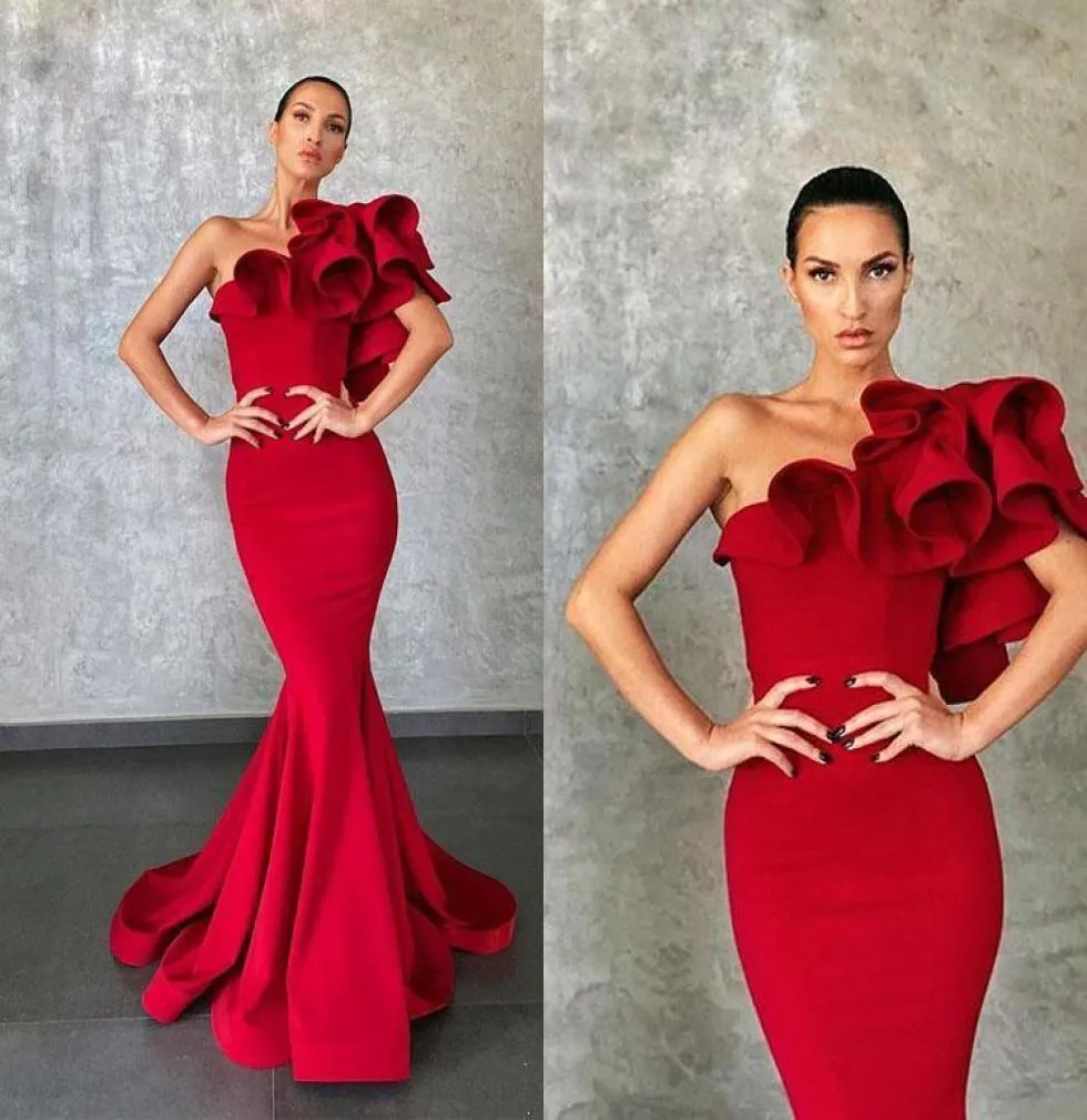Elie Saab 2020 Elegant Red Mermaid Evening Dresses Ruffles Formal Dress Party Evening Gowns Runway Celebrity Dress Prom Wear robes4675227