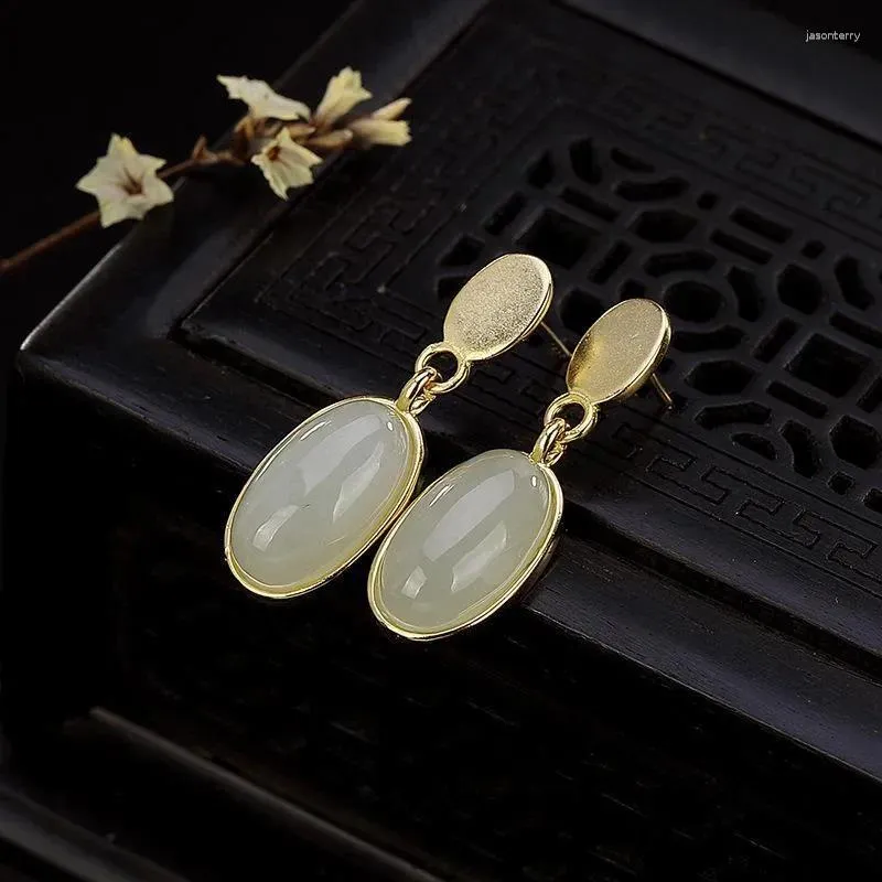 Dingle örhängen original design naturlig Hetian White Jade Oval For Women Chinese Style Retro Court Bohemian Ladies Jewelry