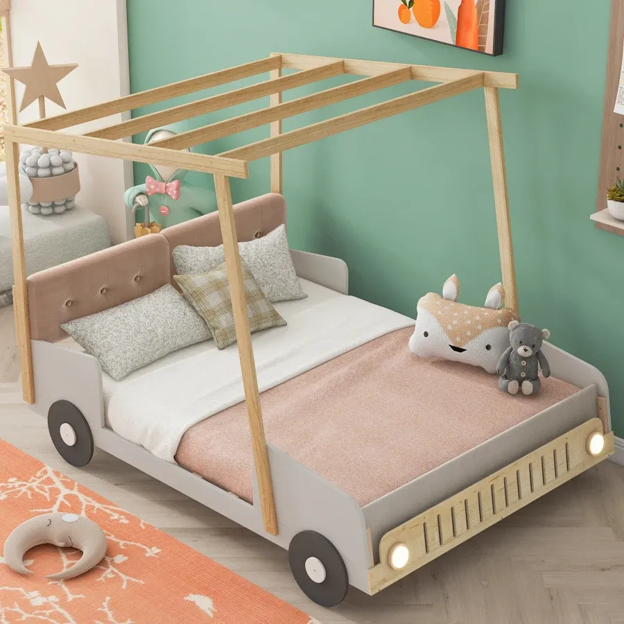 Cama de carro de tamanho completo/duplo, cama de carro para crianças com travesseiro, moldura resistente, pano de teto liderado, sem primavera de caixa necessária, móveis de quarto