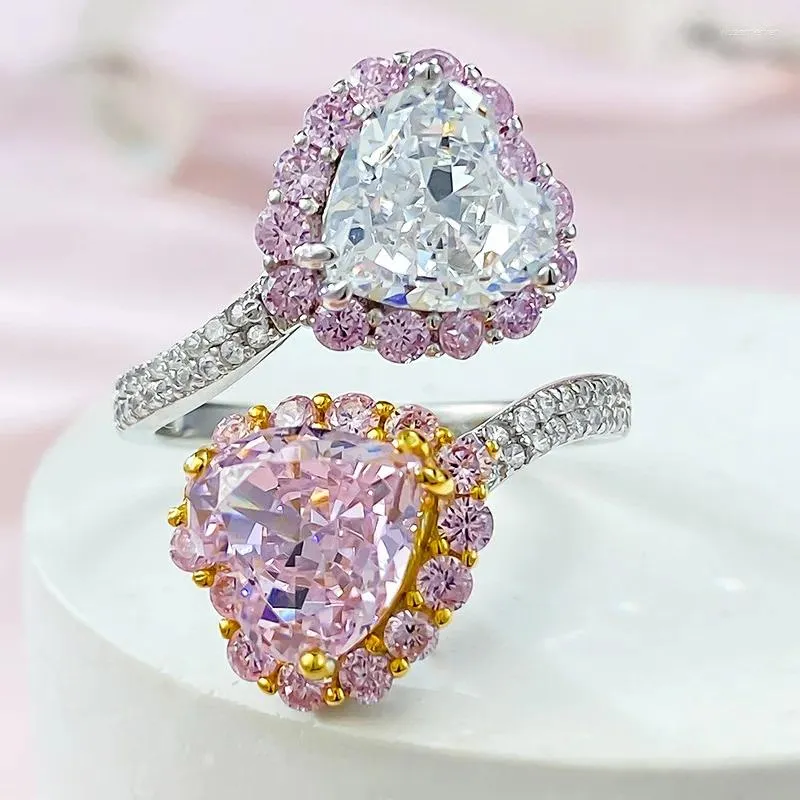 Anelli a grappolo S925 Sterling Silver Pink Diamond Heart Shape Silimar Open Anatura Gioielli Fashion Regalo